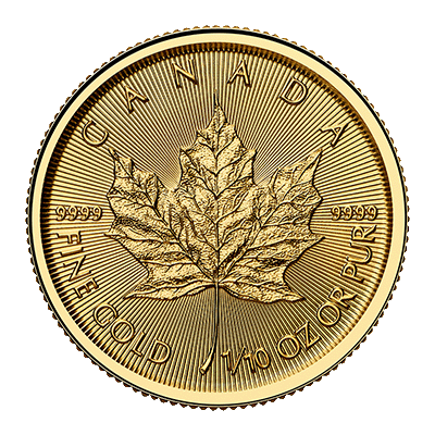 A picture of a 1/10 oz Gold Maple Leaf Coin (2025)